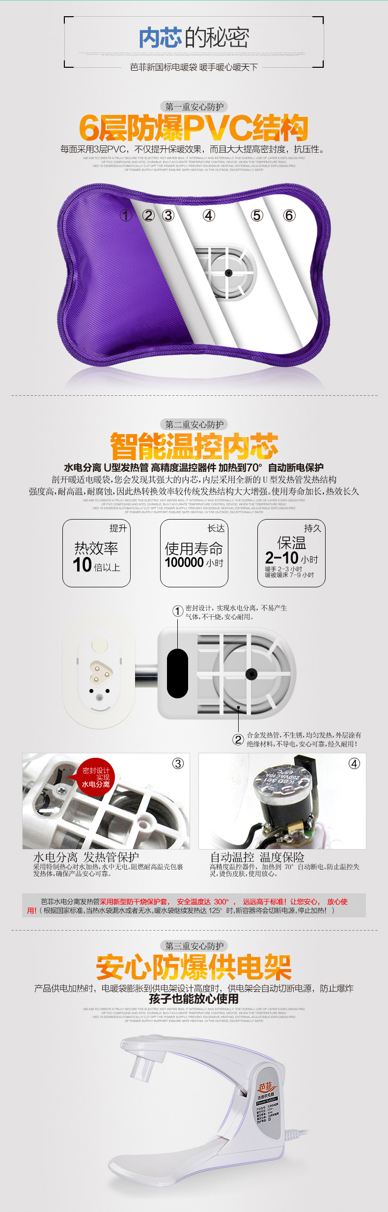 芭菲BF-806 电暖宝 充电注水暖手宝暖宝宝 水电分离卡通可爱 热水袋防爆毛绒可拆洗 浅紫色