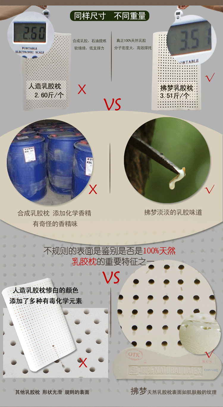 拂梦越南进口天然乳胶枕头 橡胶枕头 波浪护颈枕 对比泰国乳胶枕