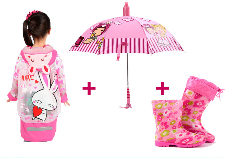 蓝蚂蚁男女小学生雨衣儿童雨衣披时尚加厚卡通雨衣雨伞雨鞋套装 蓝蚂蚁粉兔雨衣+粉蜜蜂伞+粉梅花鞋 S