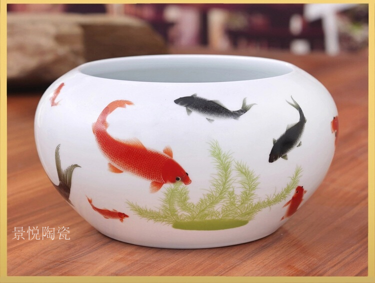 
                                                            景烨瓷器工艺品摆件陶瓷缸花盆鱼缸乌龟缸景德镇金鱼缸睡莲盆碗莲水族箱笔洗养鱼陶瓷 水点桃花 大号肚径33高度17CM加底座                
