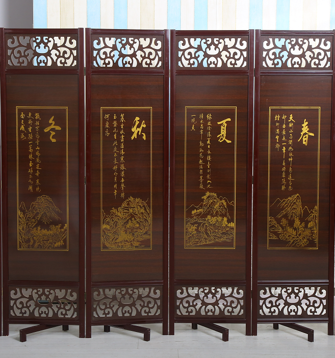 成爵 实木中式仿古屏风折叠可移动酒店茶楼隔断客厅隔断玄关双面复古中医养生馆 平顶款春夏秋冬