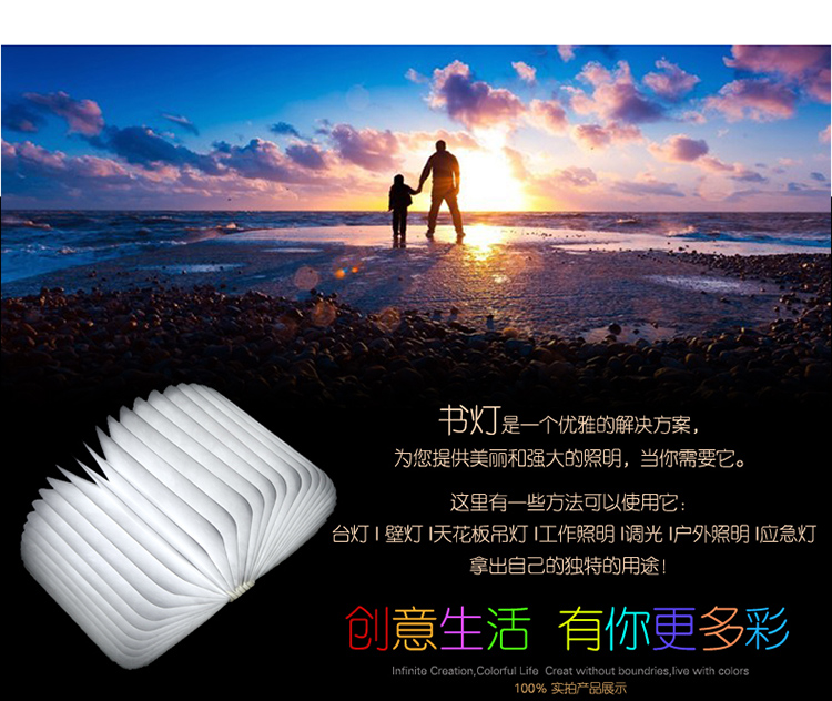 创意木质LED书本灯创意便携式折纸书灯 USB充电 装饰台灯女生礼物 原木色大号