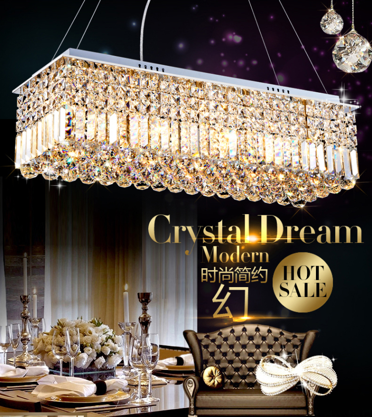 金盛马 现代简约长方形 吊线艺术餐厅水晶吊灯C008 1米*310*800 8头LED七彩led两路分段