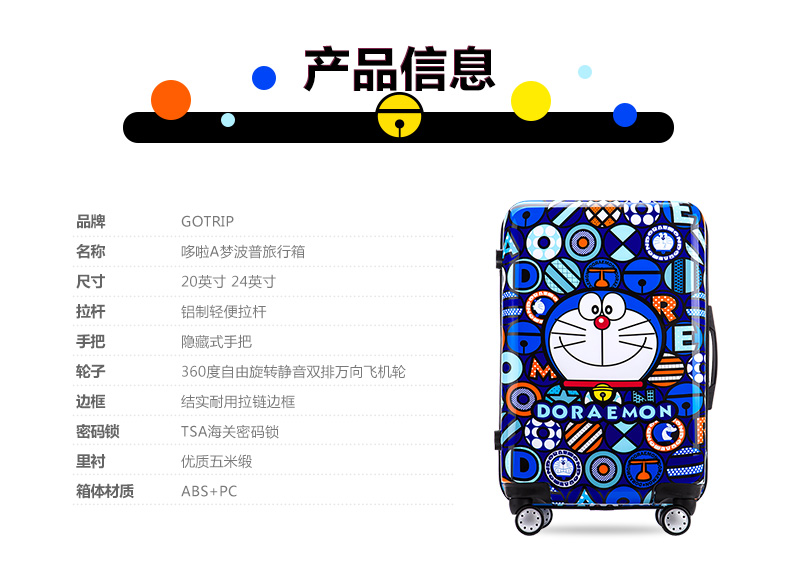 GOTRIP拉杆箱 哆啦A梦蓝色波普派对旅行箱拉风行李箱包卡通登机箱 20英寸