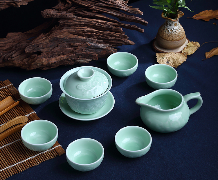 
                                        天泽（TIAN ZE）功夫茶具套装整套龙泉青瓷家用茶杯盖碗公杯汝窑陶瓷盖壶茶海 普通礼盒包装                