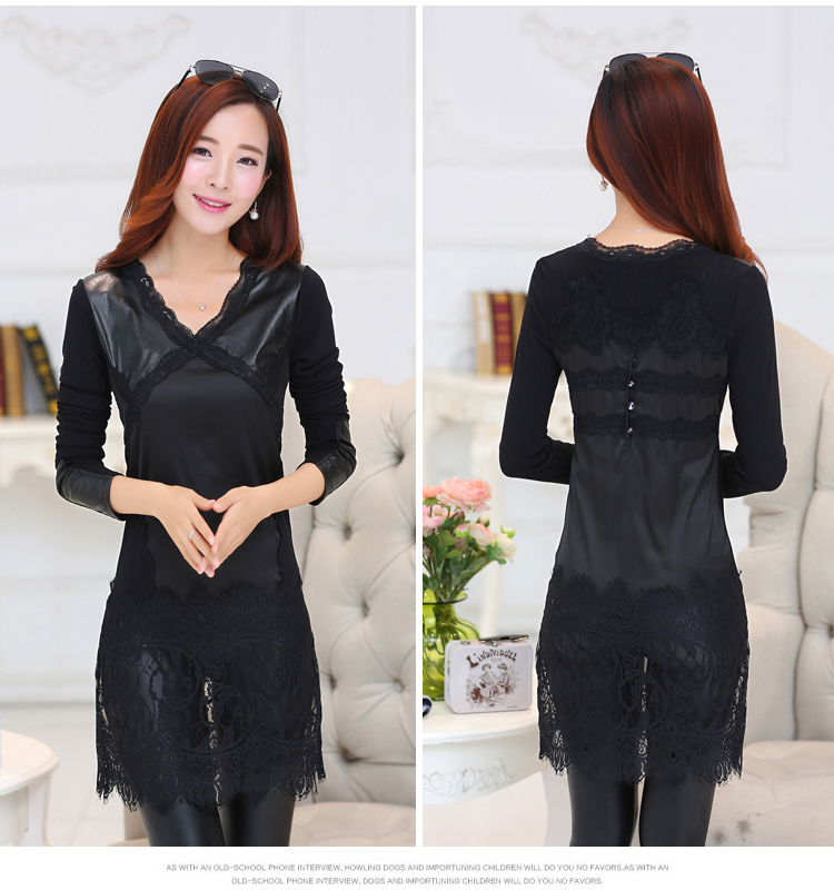 Mr. Qian 2015 autumn and winter large new women's dresses Korean stitching PU Coated shirt graphics plus lint-free in thin long lace shirt W108 Extremity black. XXL picture, prices, brand platters! The elections are supplied in the national character of distribution, so action, buy now enjoy more preferential! As soon as possible.