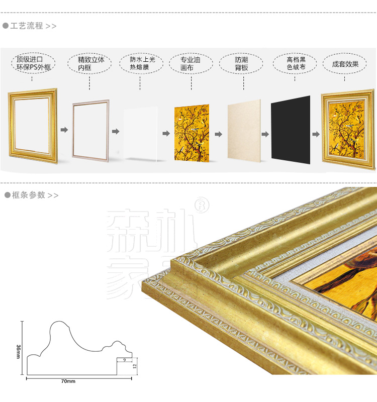 
                                        森朴 欧式客厅沙发背景墙装饰画 金色花鸟挂画三联画富贵招财大尺寸壁画 奢华金框3件套 55*70                