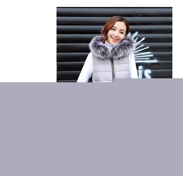 谷缇娜 无袖棉衣女款2015秋冬新款韩版连帽羽绒棉马甲 中长款超大毛领马甲背心女 灰色 L