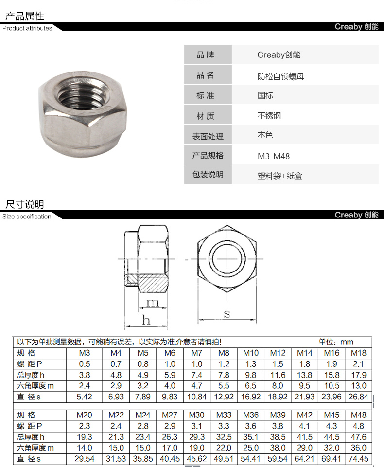 creaby 防松螺母 不锈钢304 带尼龙胶圈自锁 防脱防滑锁紧六角螺帽 m2