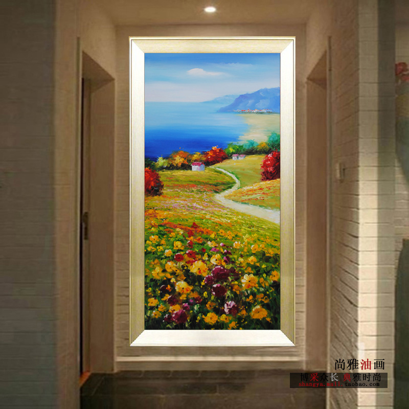 
                                        100%手绘油画 玄关装饰画竖版画走廊壁画挂画墙画田园欧式地中海风景画竖式有框画田园手工画 金色边框B款 80*160厘米                