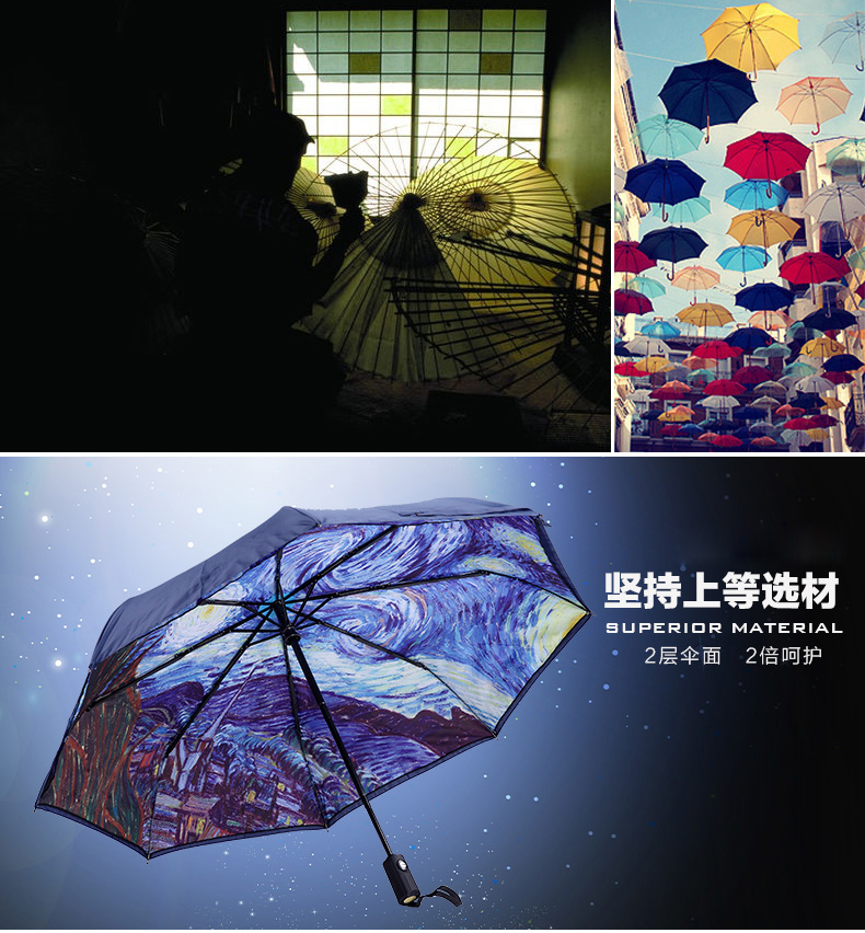 男士雨伞折叠创意女 太阳伞防紫外线晴雨伞日本梵高星空伞龙猫伞 三折自动-蓝色