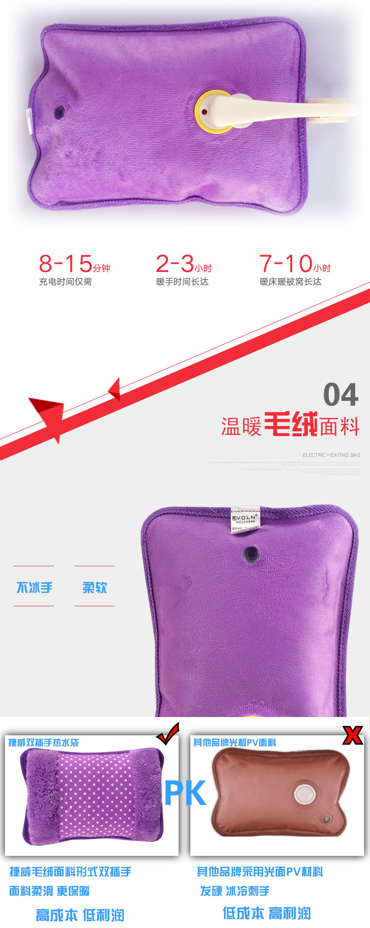 捷威JVOLN 热水袋 充电暖手宝暖水袋电暖宝电热宝暖手袋电暖袋 红色