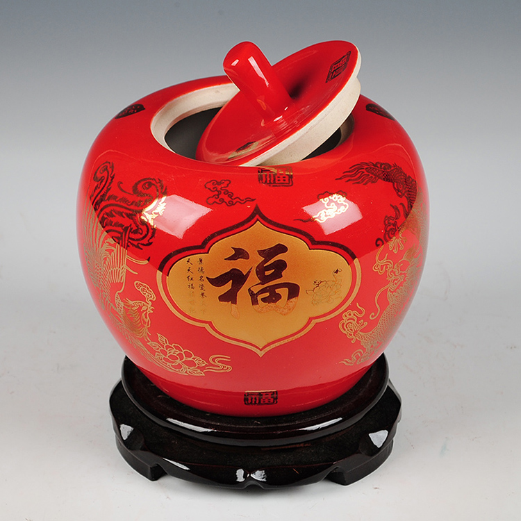 
                                        陶之念 景德镇陶瓷器 中国红花瓶 家居装饰品婚庆礼品 工艺品摆件 苹果福字2 大号                