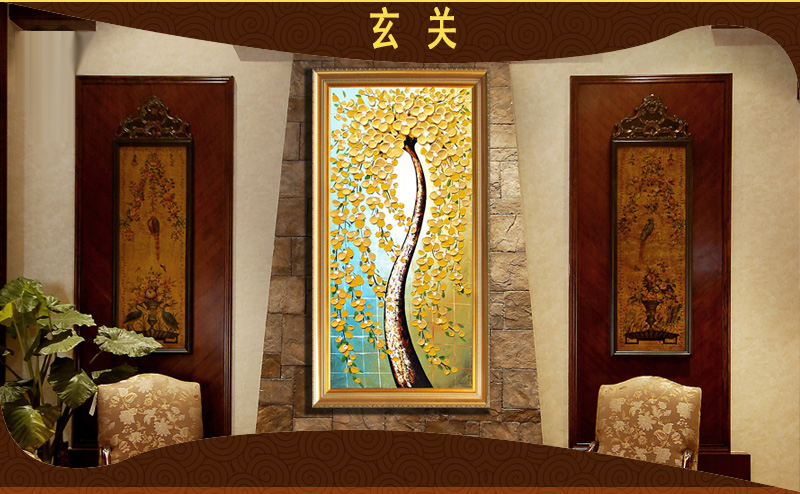 Timax纯手绘油画发财树竖版玄关装饰画 欧式现代客厅走廊沙发背景墙 风景壁画挂画 金色发财树 简约无框 45*90