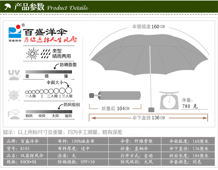 
                                        百盛洋伞 1.3米双层加大风暴伞防风男士双层雨伞 车载长柄高尔夫伞 商务定制礼品男 黑色                