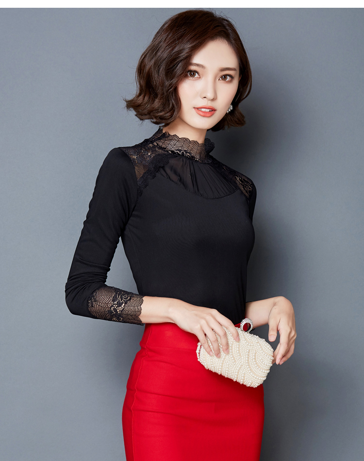 欣婭思 2015秋冬厚加绒韩版修身女大码网纱显瘦百搭蕾丝打底衫长袖T恤女 黑色 L