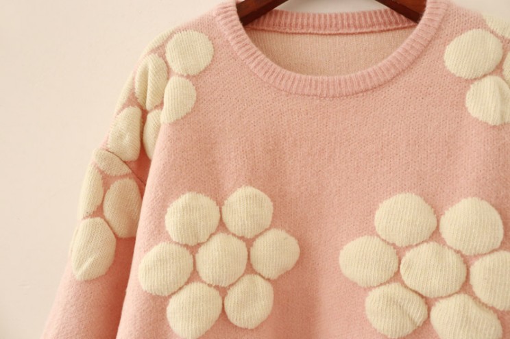 Polimoda 秋冬新款甜美立体花朵宽松套头加厚小清新毛衣 日式森女系短上衣ss1000 绿色 均码