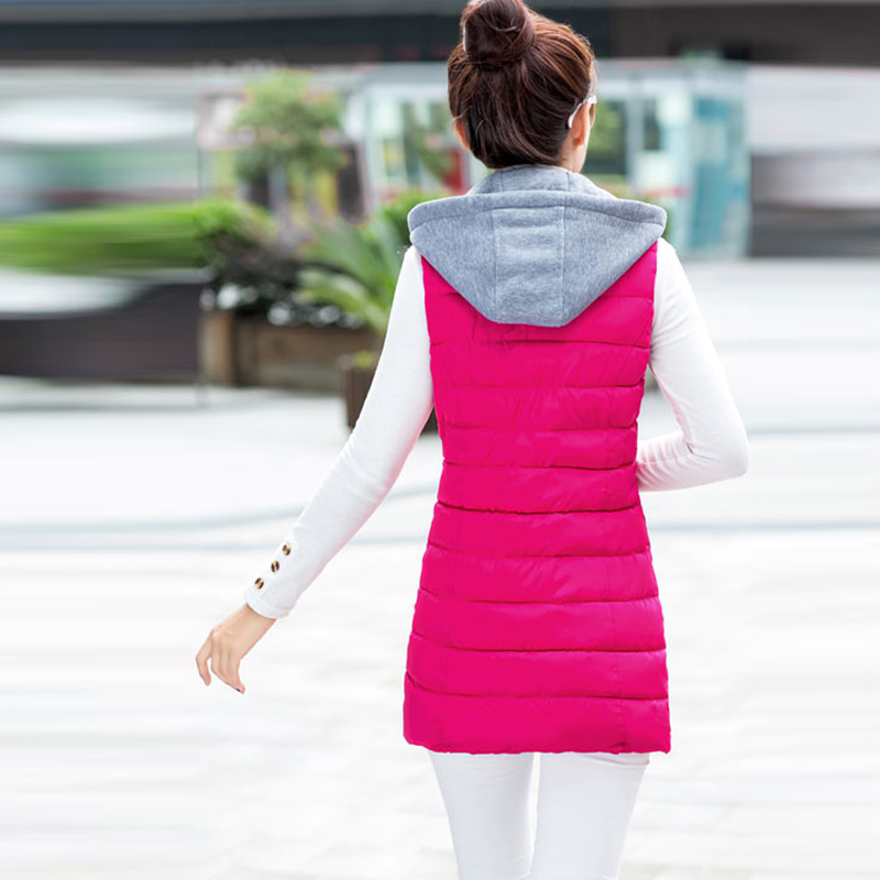法诗慕2015冬装新款中长款女修身连帽马夹背心外套 蓝色 XL