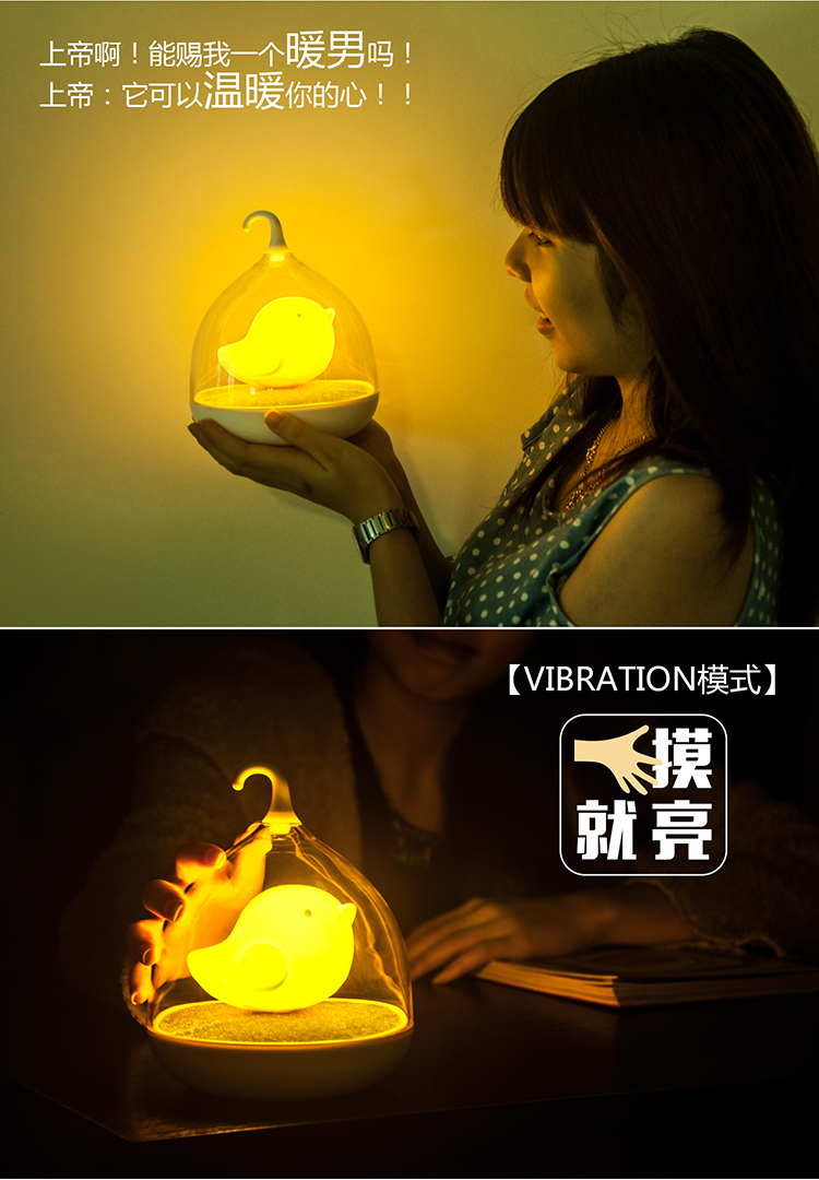 e优 创意LED台灯触摸床头鸟笼灯 可充电小夜灯小鸟台灯 声控感应壁灯插电卧室灯 护眼灯 触控版 桔萌鸟