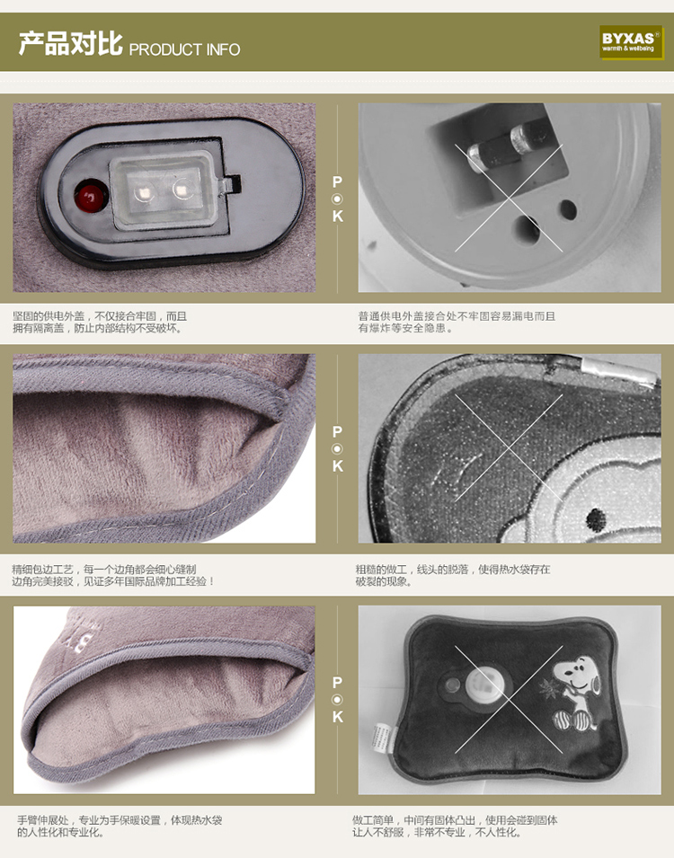 百赛施BYXAS热水袋保暖水袋电热水袋充电式暖手宝防爆不漏水自动断电无异味HWB系列 HWB-301粉红色