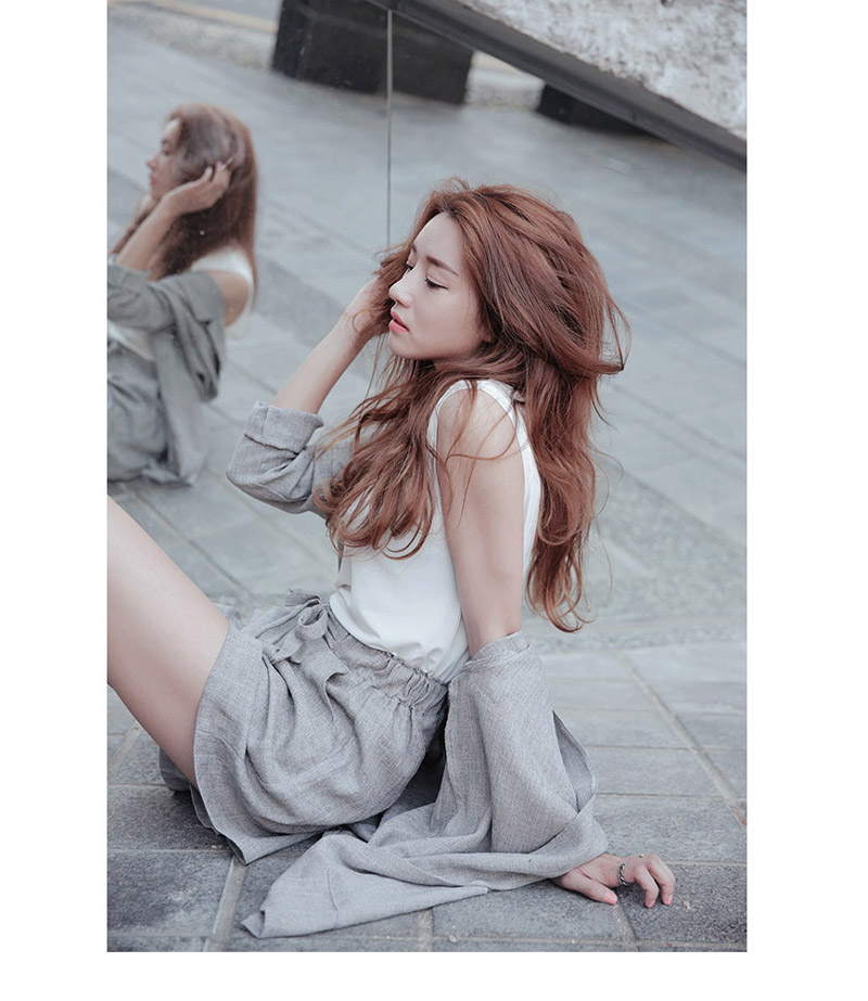 Elexs欧美范小西装套装/小西装外套+收腰绑带短裤棉麻西装套装女 灰色 XL