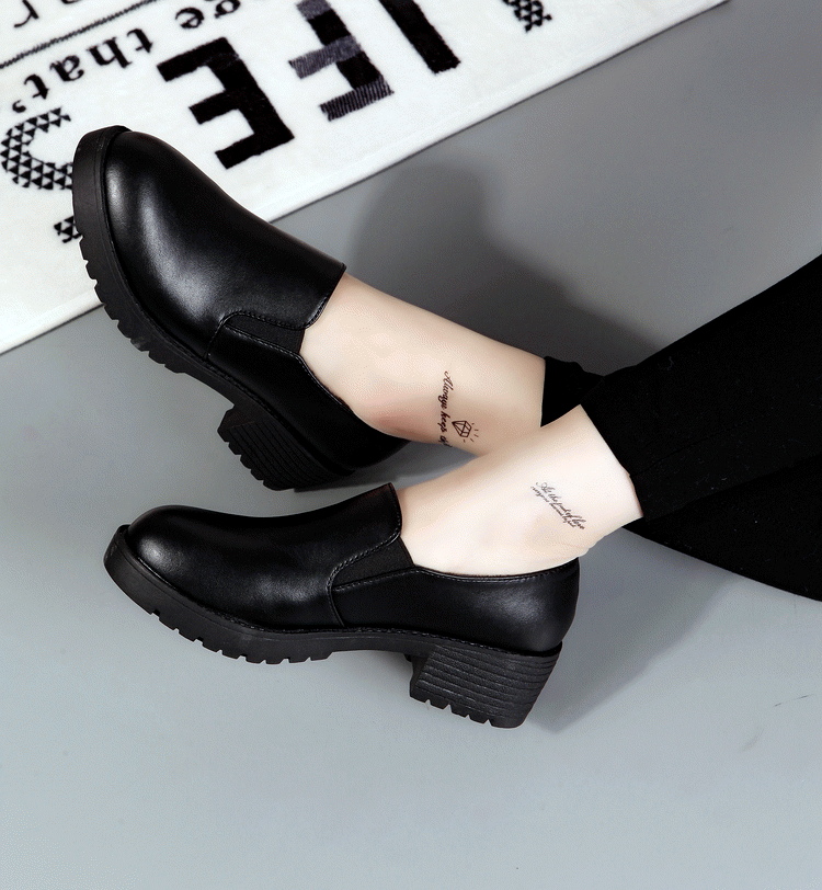 新款女鞋子高跟鞋粗跟中跟圆头女工作鞋厚底防水台套脚单鞋懒人鞋