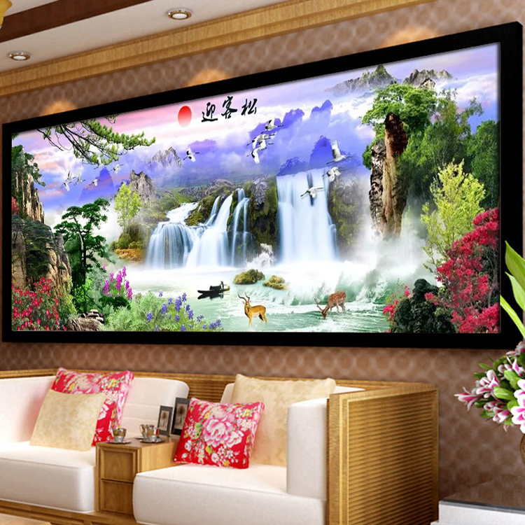 
                                        K-S十字绣客厅风景山水画新款大幅迎客松流水生财旭日东升印花满绣 满绣9CT棉线印花180*65cm                