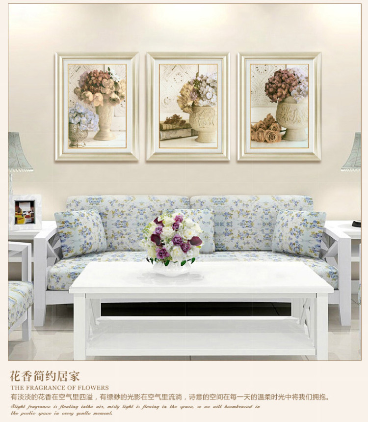 
                                                            现代美式沙发背景墙装饰画欧式客厅三联画餐厅壁画玄关墙画卧室床头花卉挂画 蓝莲花开+三联画+美式棕色框 50*60                
