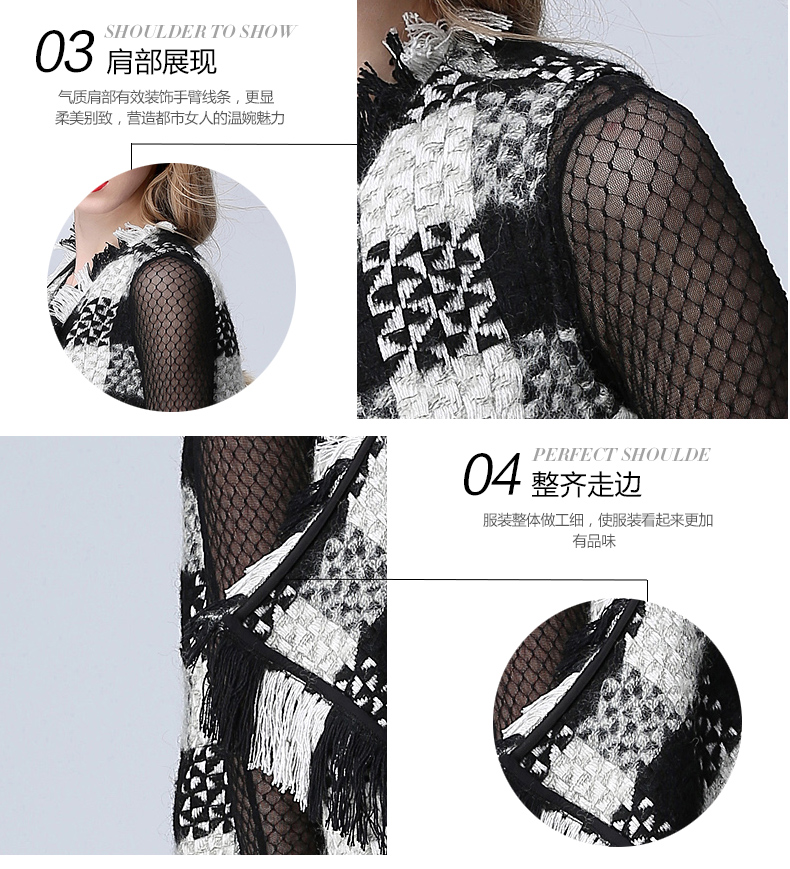 Hizze 2015秋冬新款时尚开衫无袖流苏毛呢外套女中长款格子斗篷上衣 黑白格