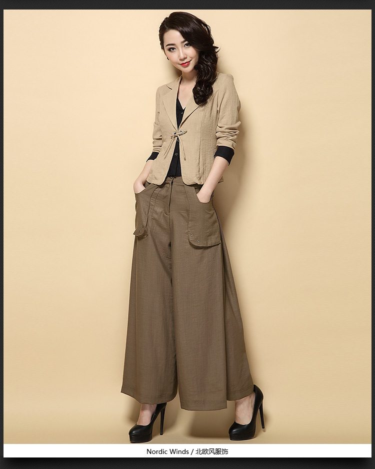 娇狐棉麻套装女秋装2015 秋季两件套宽松休闲阔腿裤直筒 卡其色 M