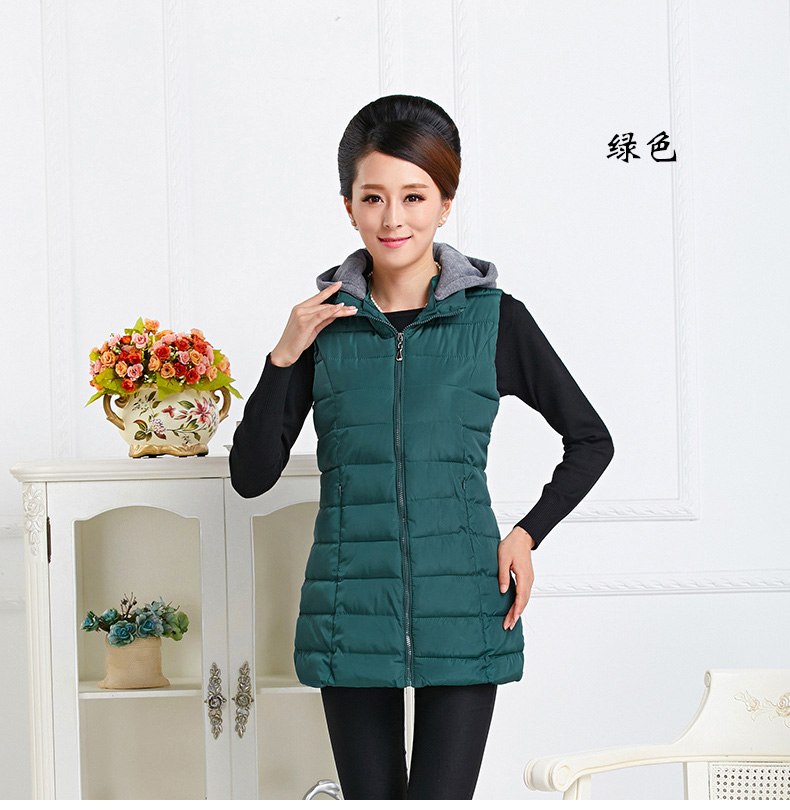 友家坊 中老年女装中长款棉服秋冬季 2015新款马甲厚款无袖连帽拉链妈妈装休闲外套 绿色 4XL 建议体重150到165斤