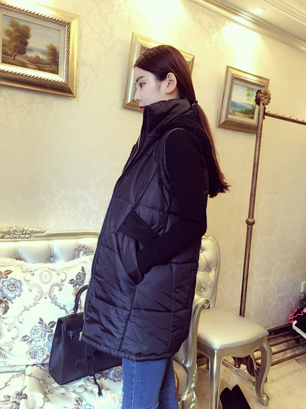 云拉拉 秋冬装宽松中长款保暖棉衣马甲女无袖保暖连帽棉服外套 黑色 L