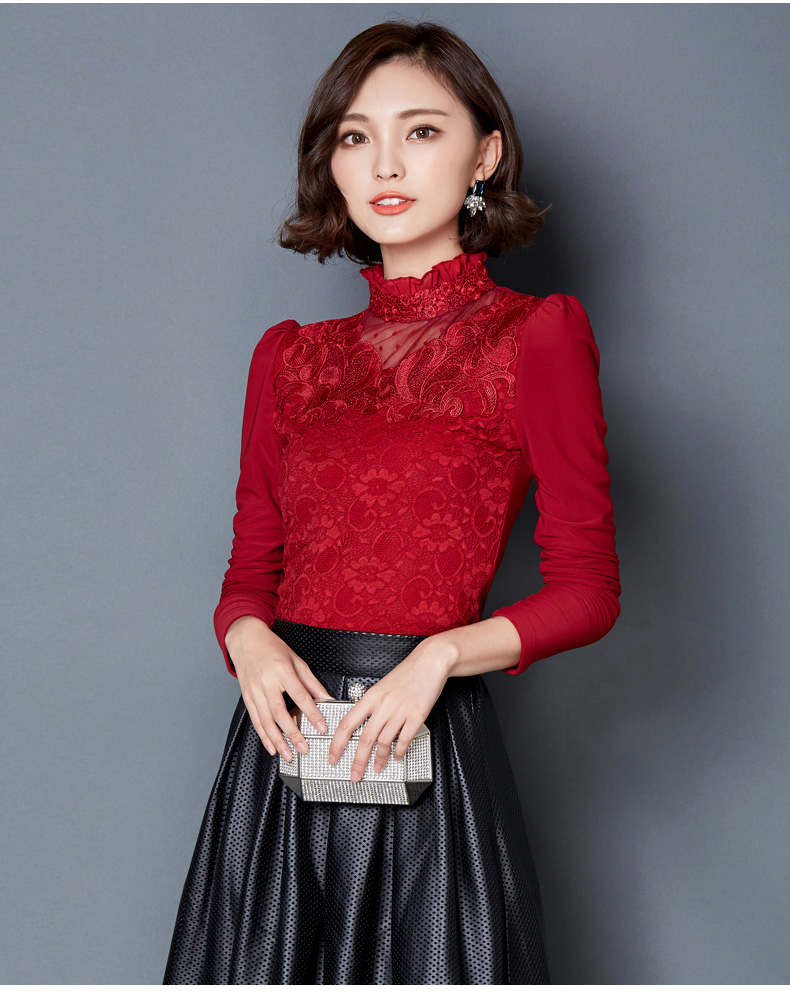 欣婭思 2015秋冬韩版加绒大码长袖T恤修身蕾丝网纱打底衫女潮 粉红色  M