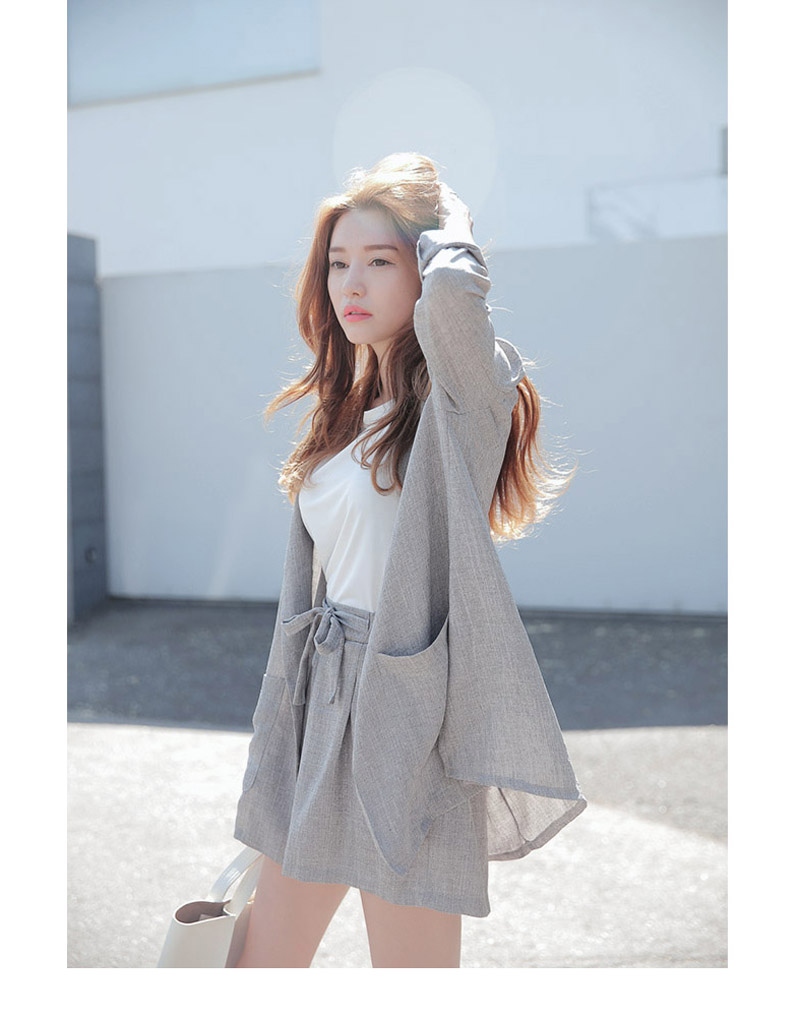 Elexs欧美范小西装套装/小西装外套+收腰绑带短裤棉麻西装套装女 灰色 XL