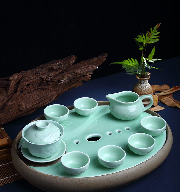 
                                        天泽（TIAN ZE）功夫茶具套装整套龙泉青瓷家用茶杯盖碗公杯汝窑陶瓷盖壶茶海 普通礼盒包装                