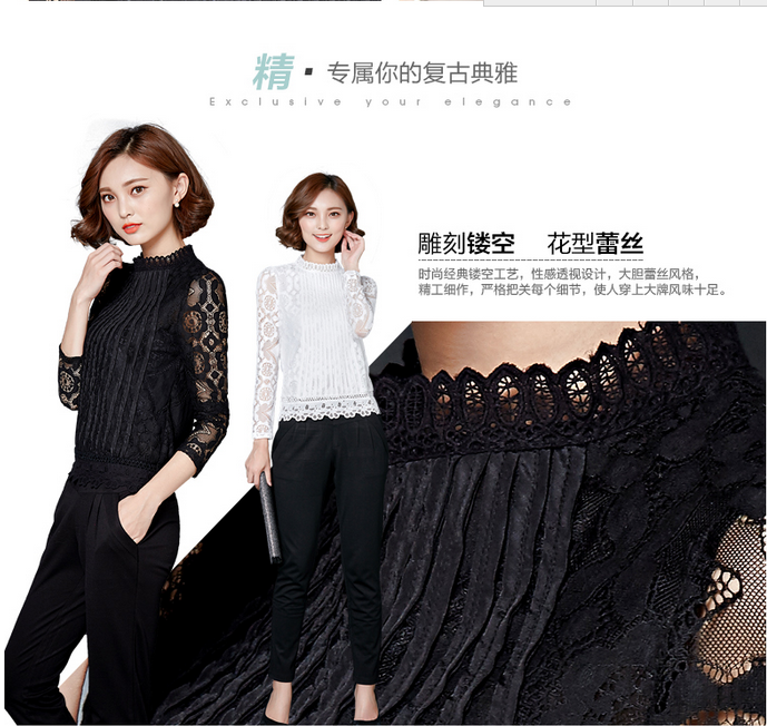 巴掌家2015冬季新款 韩版时尚长袖半高领女蕾丝上衣小衫打底衫 白色 XXXL
