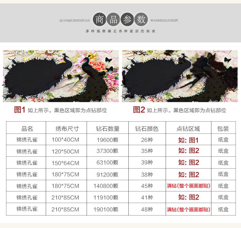 
                                        画时代 十字绣钻石绣孔雀 非满钻【180*70厘米】                