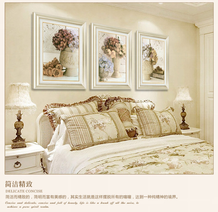 
                                                            现代美式沙发背景墙装饰画欧式客厅三联画餐厅壁画玄关墙画卧室床头花卉挂画 蓝莲花开+三联画+美式棕色框 50*60                