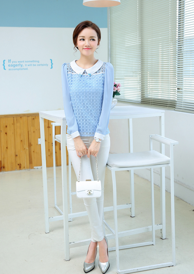 衣恋者们2015秋季新款钩花衬衣女 天蓝色 L