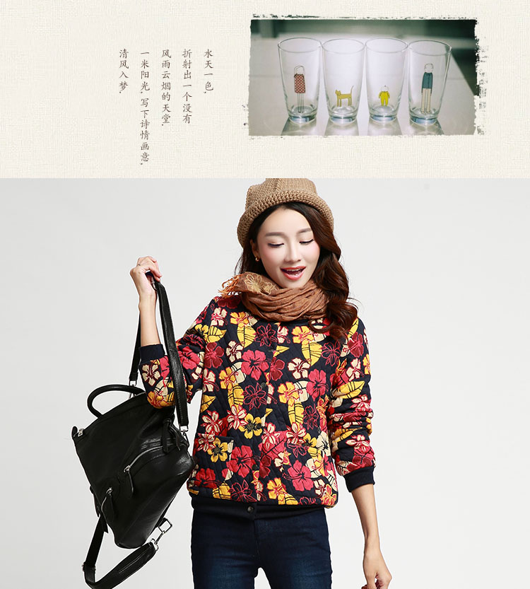 
                                        蝶尚缘2016秋冬装新款大码女装文艺范修身保暖加厚印花短外套女  E2-1059 绿底花 M                