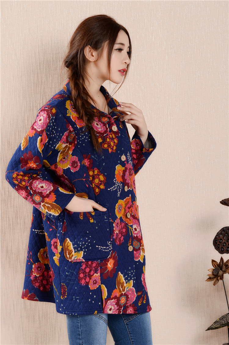 珞缇思  秋冬新款长袖加厚印花衬衫 女文艺范大码长袖开衫外套 花色 大码L