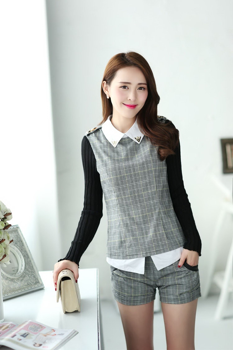 布幻裳<em>短裤</em>女装<em>秋装</em>格子修身长袖韩版休闲<em>套装</em>