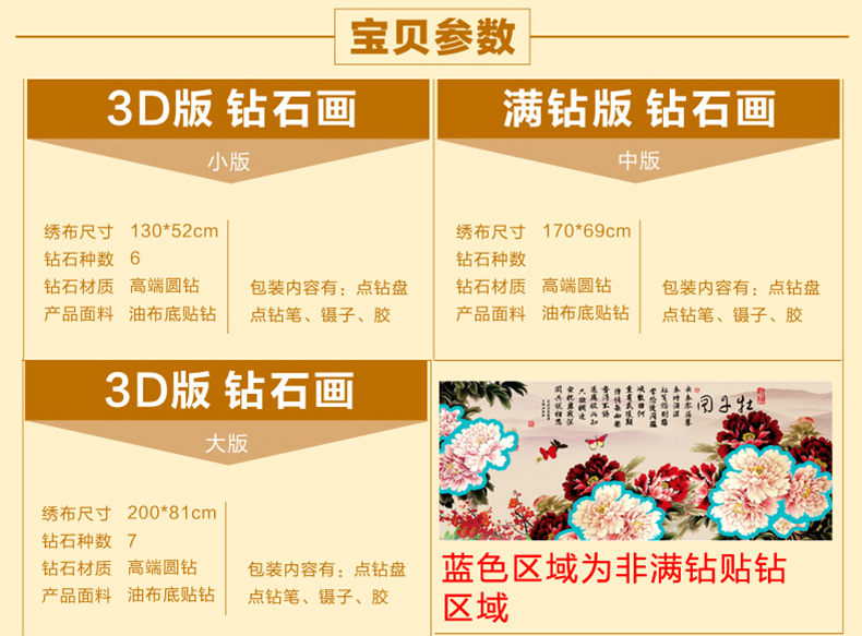 尚世纪印花3D十字绣印花客厅大画 5D钻石画圆钻花开富贵钻石绣牡丹图 170*69 满钻  Z319