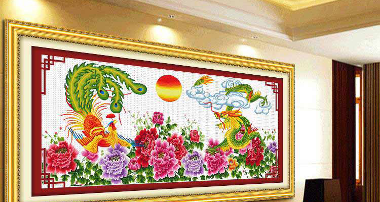 精准印花十字绣客厅新款卧室大画龙凤呈祥 埃及棉十字绣1.88*0.7米