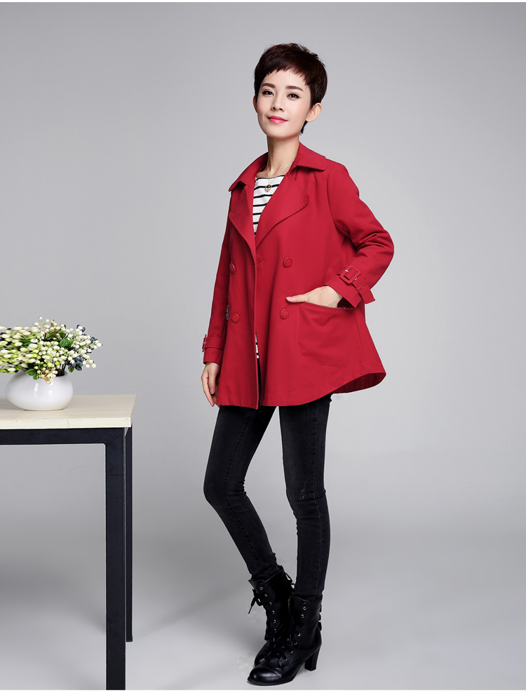 依倍林2015秋装新款女装长袖宽松双排扣风衣外套大码中老年妈妈装269 枣红色 XXXL