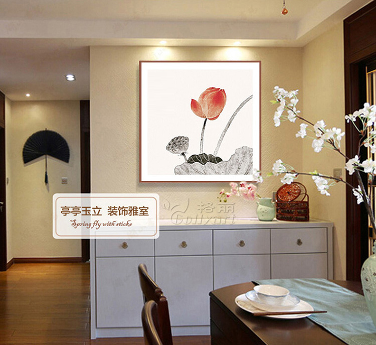 Timax装饰画中式客厅荷花国画书房沙发背景墙画挂画莲 电表箱玄关餐厅花卉壁画现代简约装饰 红荷三联画配枣红框 40*40cm有框画