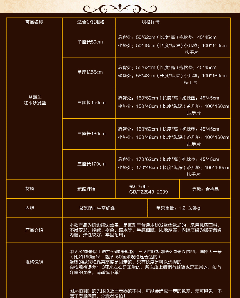 
                                        梦娜菲木沙发垫红木沙发坐垫防滑带边坐垫茶几布扶手巾实木海绵垫可定制尺寸联系客服 富贵金 单座长55cm                