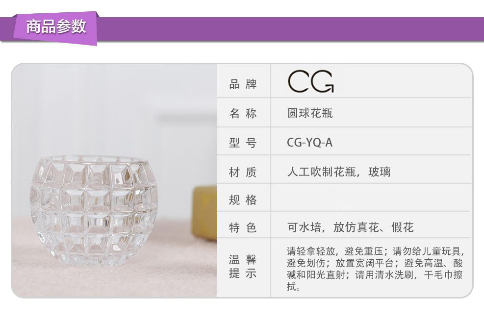CG 玻璃花瓶  水培花瓶  透明 菱形格圆球 透明