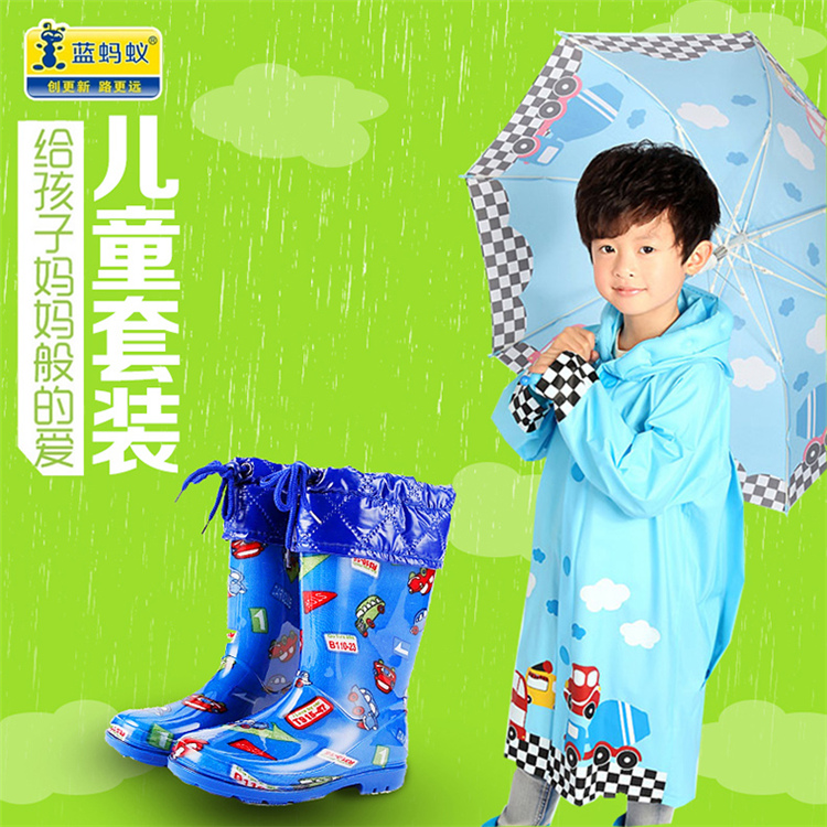 蓝蚂蚁男女小学生雨衣儿童雨衣披时尚加厚卡通雨衣雨伞雨鞋套装 蓝蚂蚁粉兔雨衣+粉蜜蜂伞+粉梅花鞋 S