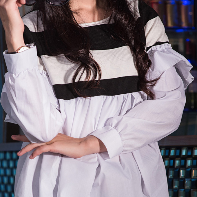 娇狐娃娃衫秋装森女系上衣雪纺拼接小清新宽松泡泡袖衬衫女纯棉学生撞色衬衣 黑色 均码